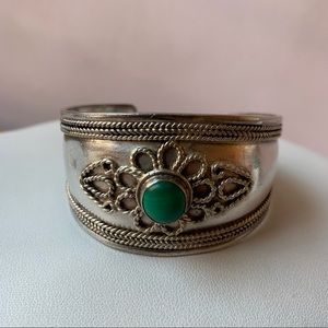 VINTAGE 925 SILVER GREEN MALACHITE CUFF BRACELET